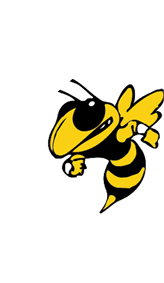 A stylized cartoon yellow and black hornet or wasp with wings raised and one arm bent as if ready to punch. Description generated by AI