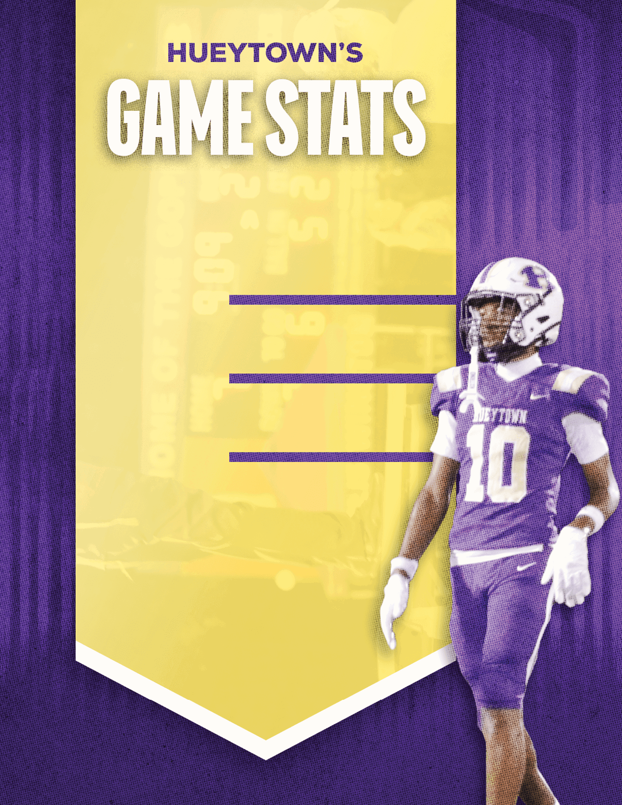 A person in a purple and white football uniform with the number 10 stands next to a yellow banner with purple text that reads Hueytown's Game Stats. Description generated by AI