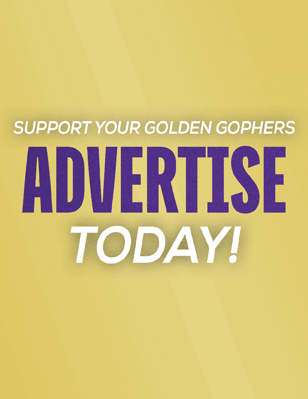 The image features a repeating pattern of the words “GOLDEN GOPHERS" in purple text on a gold background with one instance of "GOLDEN GOPHERS" highlighted in white. Description generated by AI