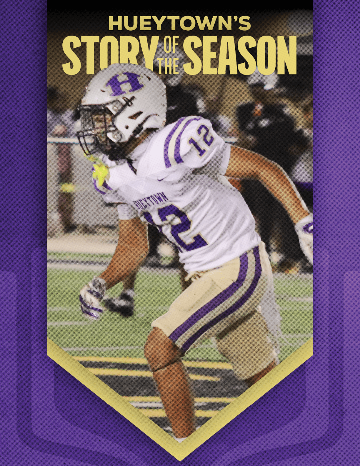 Three people in purple and white football uniforms are on a field with the text “Hueytown's Story of the Season" above them. Description generated by AI