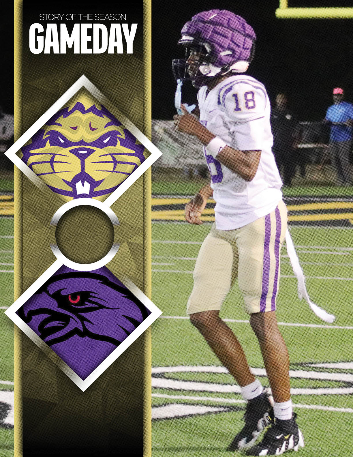 A person in a purple football uniform is running on a field at night with a graphic overlay showing two team logos and the text “Story of the Season Gameday." Description generated by AI