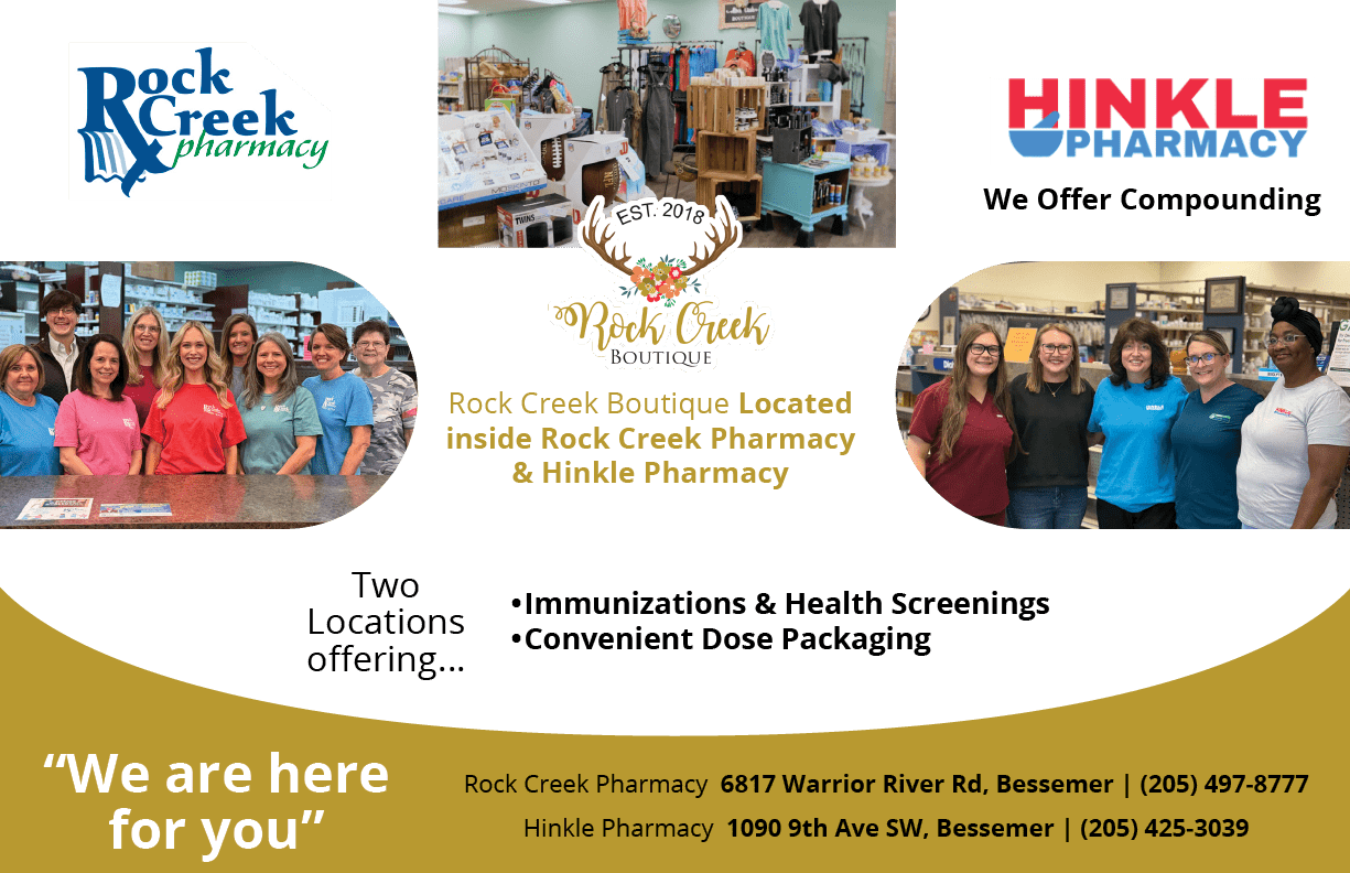 Two groups of adults stand inside pharmacies with shelves of products behind them, promoting Rock Creek Pharmacy and Hinkle Pharmacy offering immunizations, health screenings, and convenient dose packaging. Description generated by AI