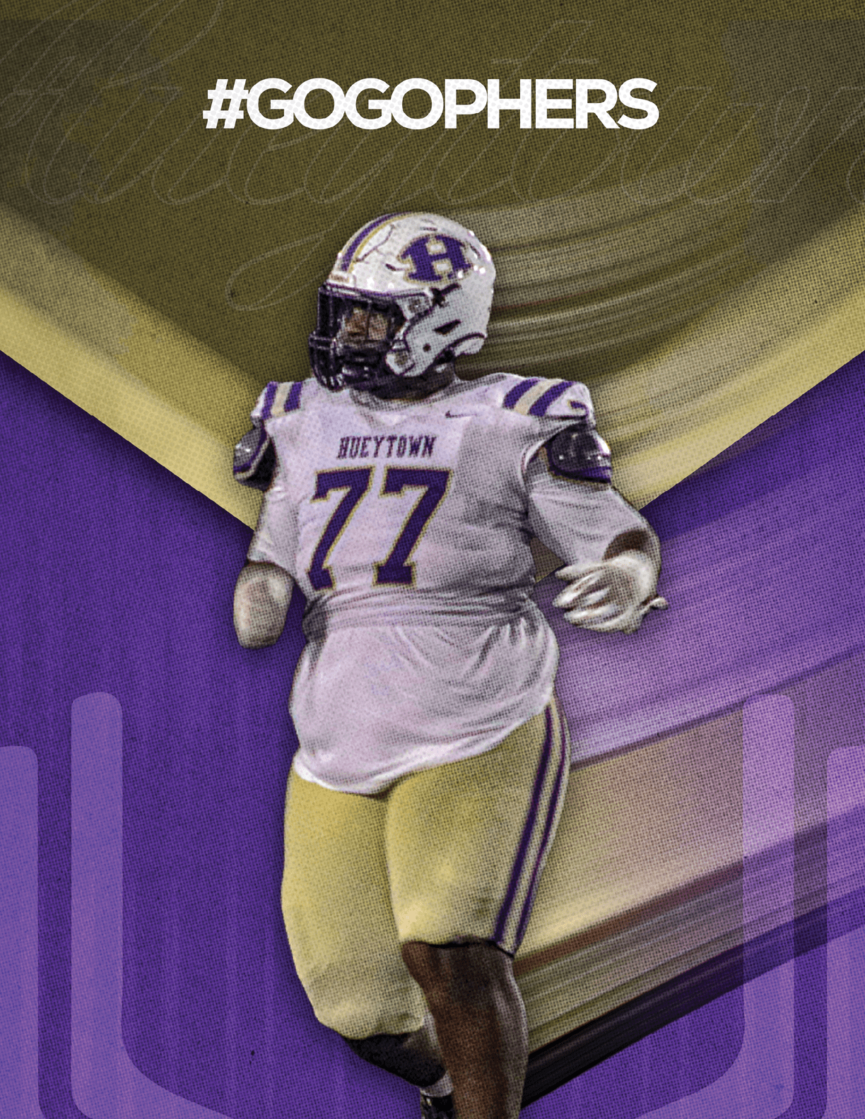 A person wearing a purple football uniform with the number 52 and the word “BRETTON" on the jersey is standing in front of a purple and gold background with the hashtag #GOGOPHERS above. Description generated by AI