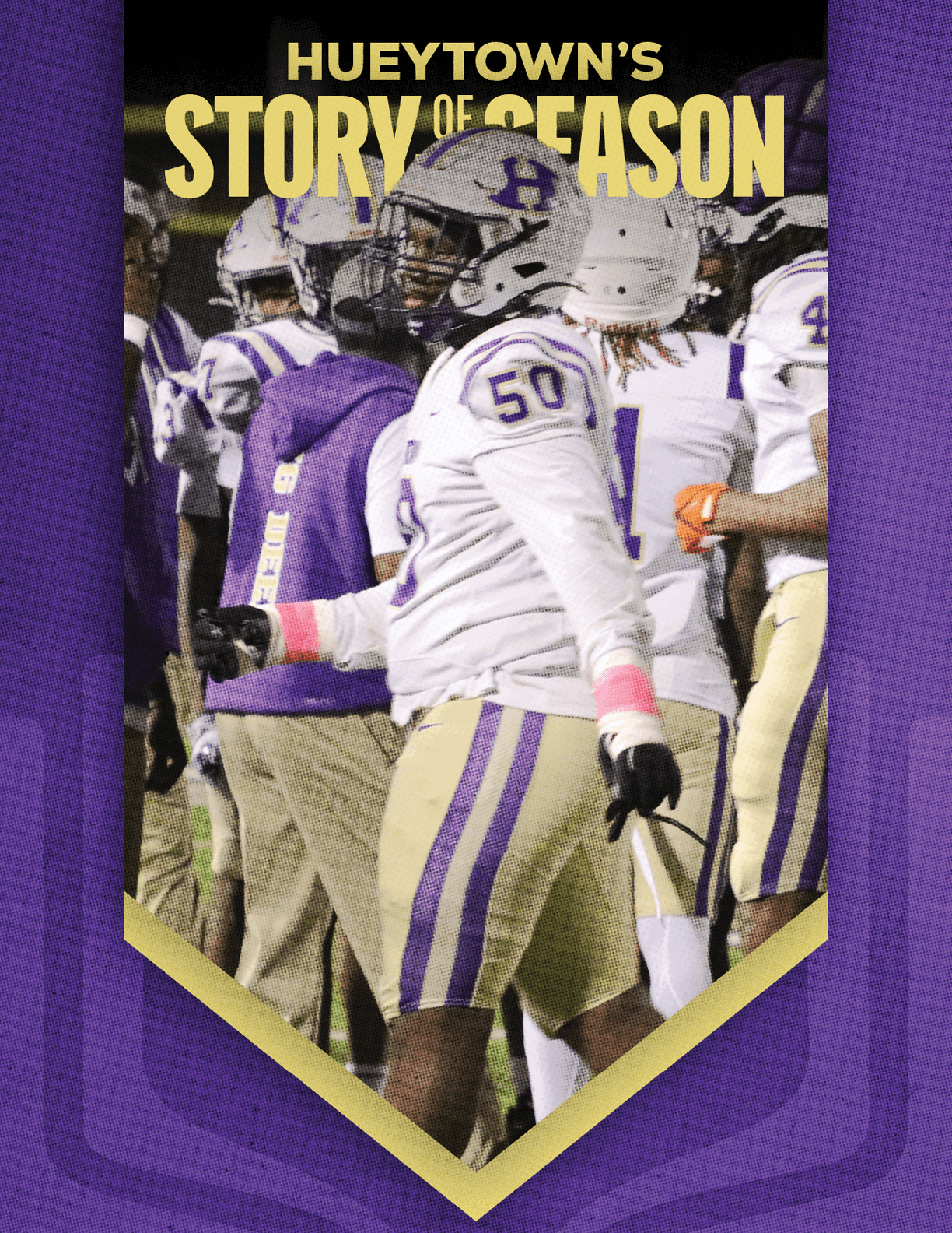 A group of people in football uniforms and helmets stand together on a field with the text “Hueytown's Story of Season" above them on a purple and gold banner background. Description generated by AI