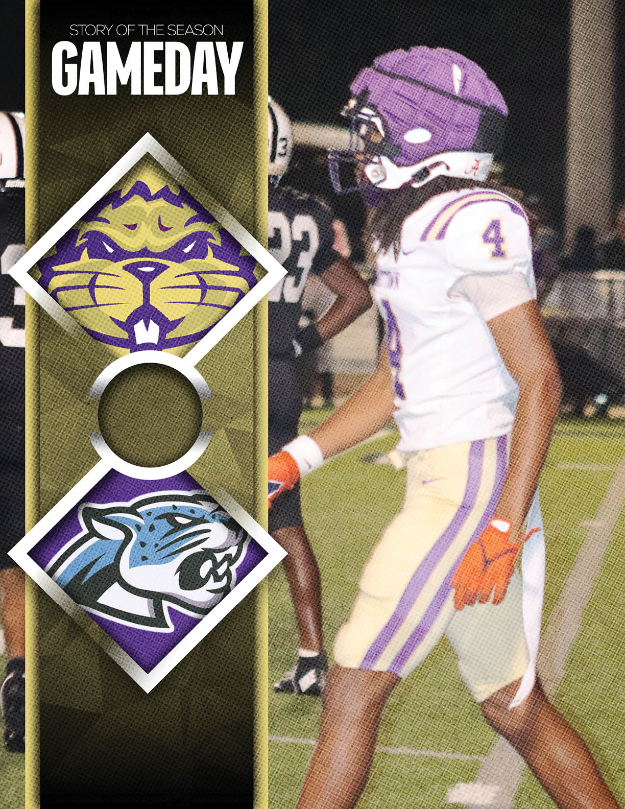 A person wearing a purple helmet and white football uniform with the number 4 is walking on a football field next to a graphic showing two team logos and the text “Story of the Season Gameday." Description generated by AI