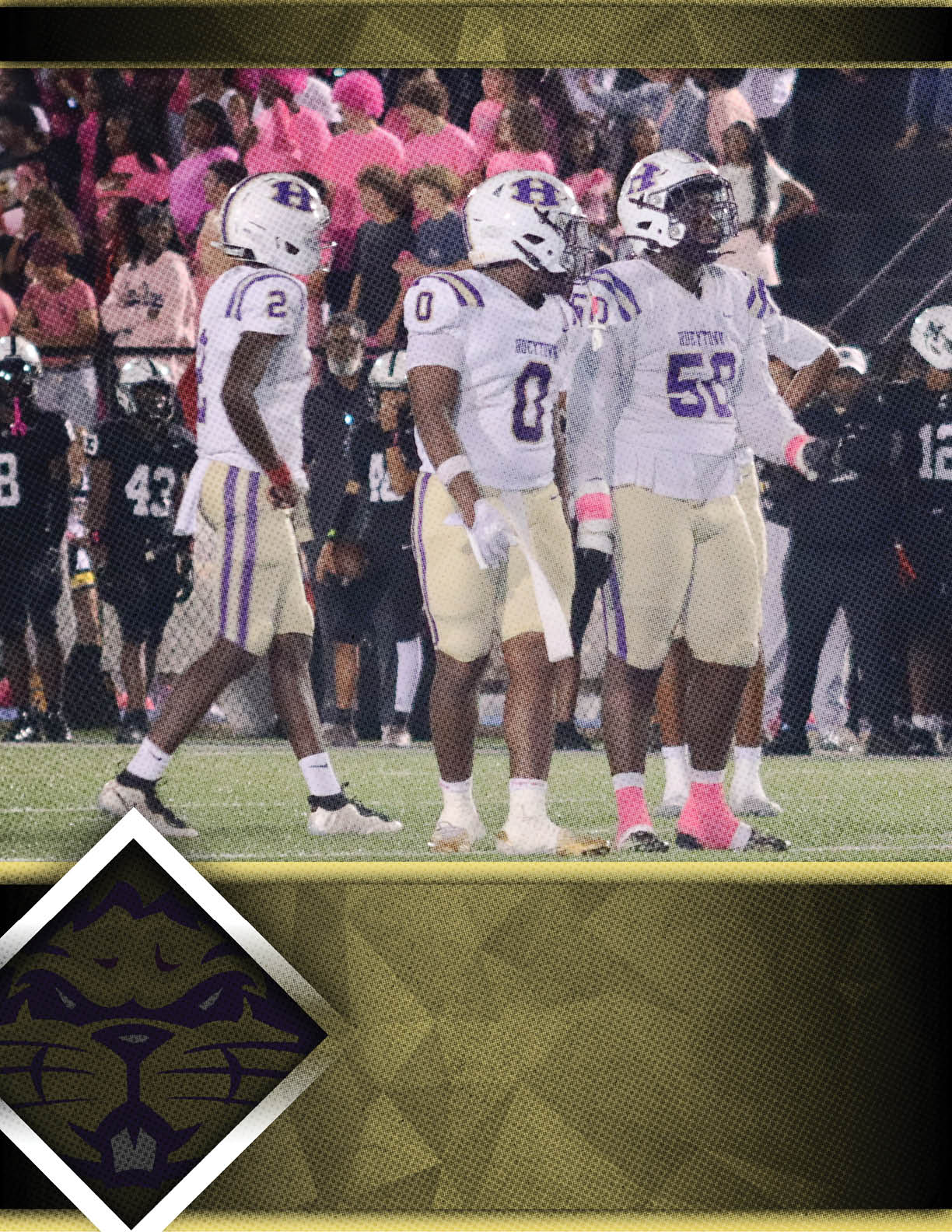 Three people in white and beige football uniforms stand on a field with a crowd in the background and a stylized wildcat logo in the bottom left corner. Description generated by AI