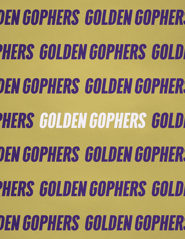 The image features a repeating pattern of the words “GOLDEN GOPHERS" in purple text on a gold background with one instance of "GOLDEN GOPHERS" highlighted in white. Description generated by AI