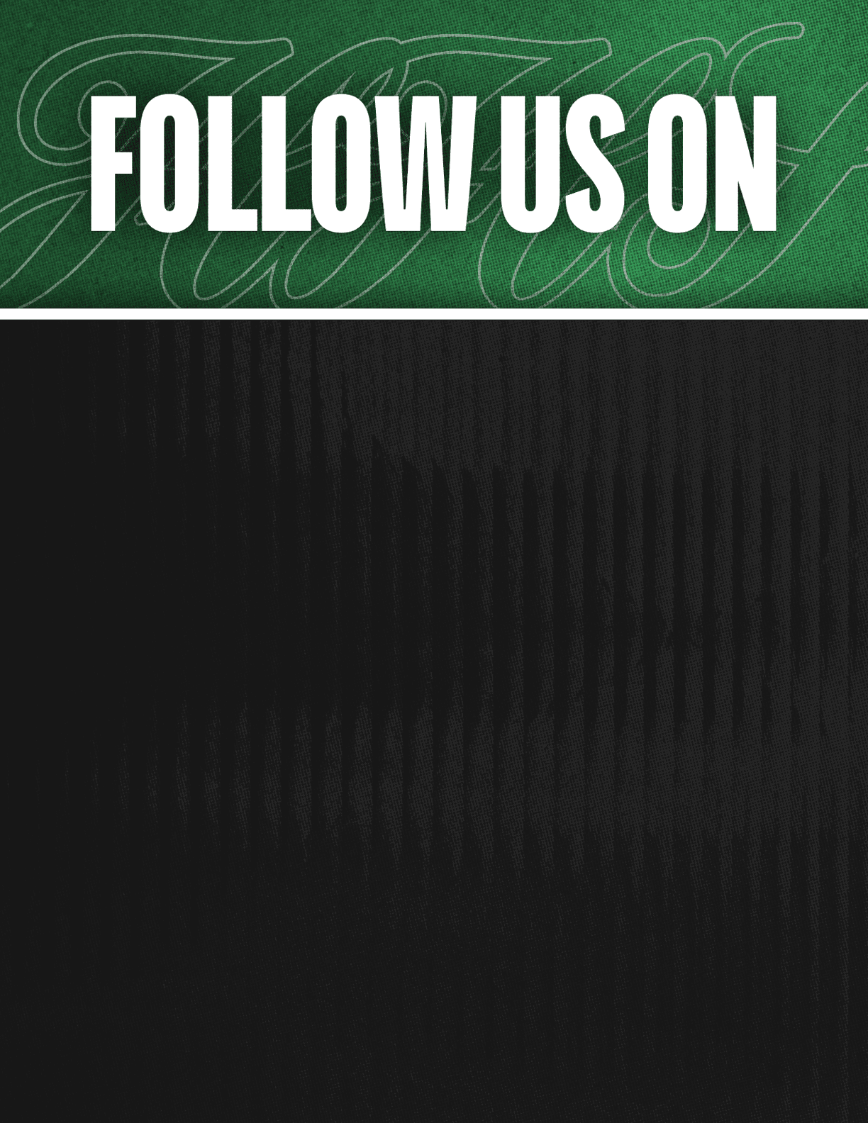A black and red sign that says Follow Us On. Description generated by AI