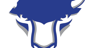 A blue and white bull head. Description generated by AI