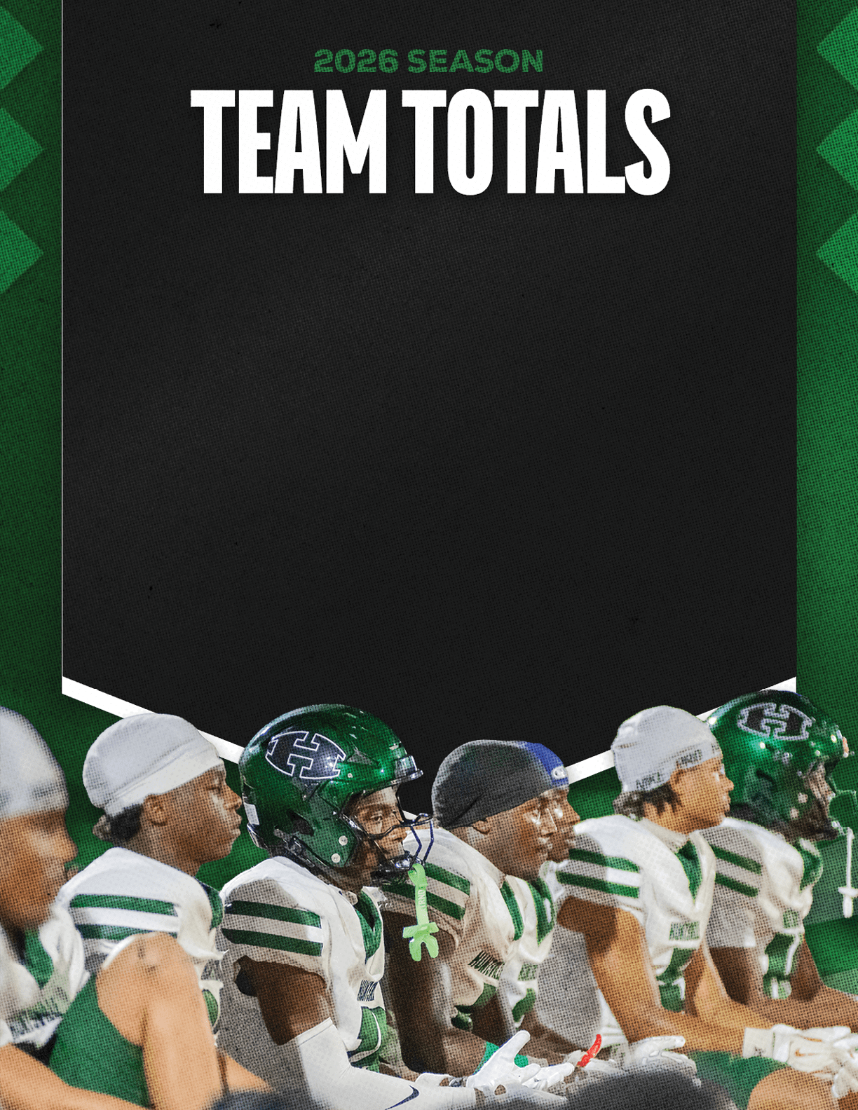 A group of football players standing on the field. Description generated by AI