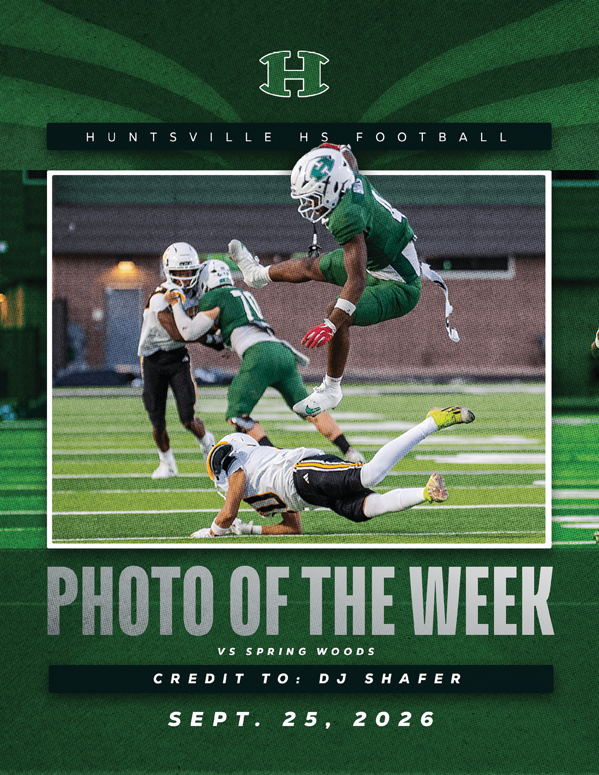 A football player in a green jersey is jumping in the air. Description generated by AI
