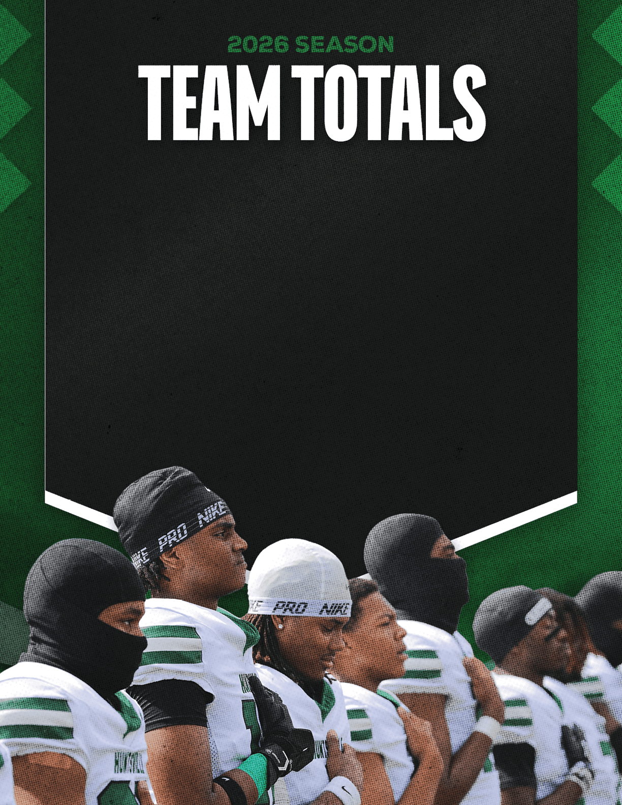 A group of football players standing on the field. Description generated by AI