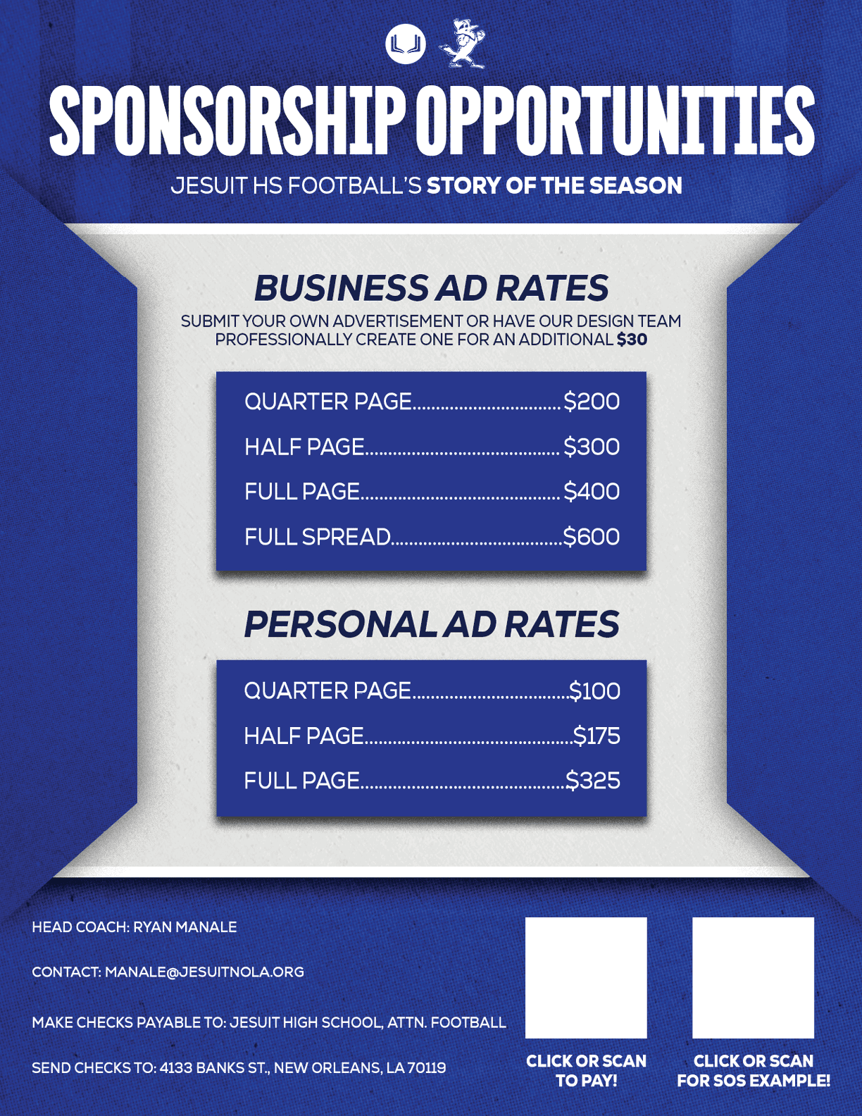 A blue and white advertisement for sponsorship opportunities for a football team. AI generated content