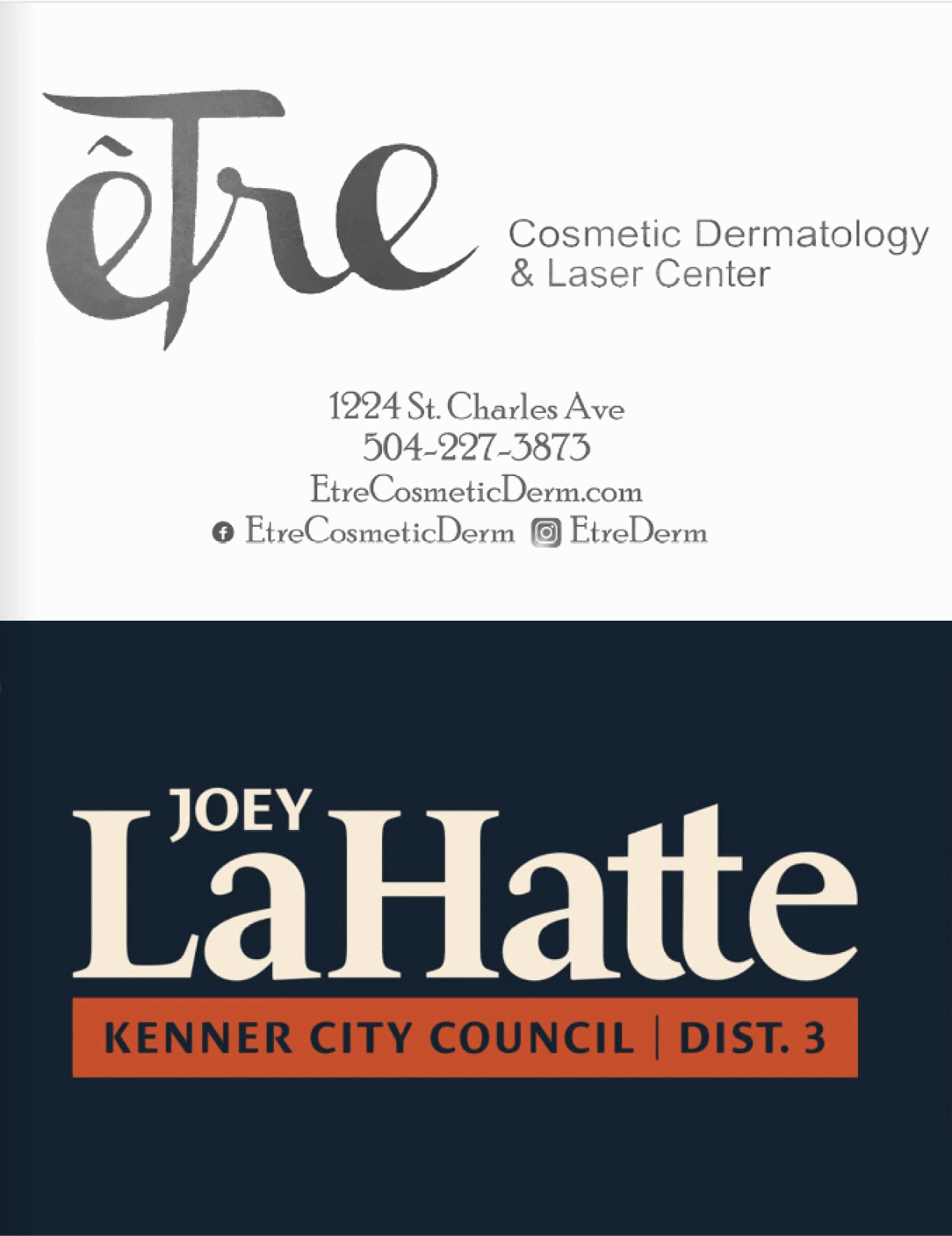 Two business cards for a cosmetic dermatologist and a city council member. AI generated content