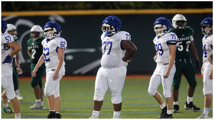 A football player wearing a blue and white uniform. Description generated by AI