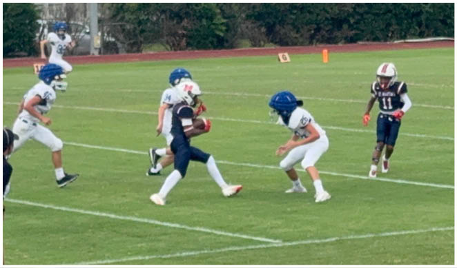 A football player wearing a blue and white uniform. Description generated by AI