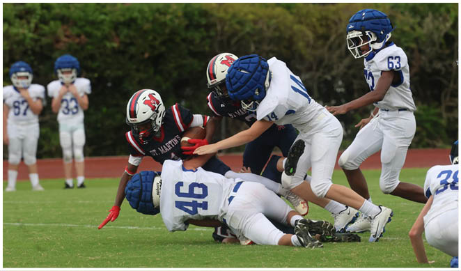 A football player wearing a blue and white uniform. Description generated by AI