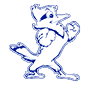 A blue and red logo of a cat with its mouth open. Description generated by AI