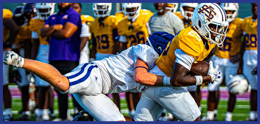 A football player wearing a blue and white uniform. Description generated by AI
