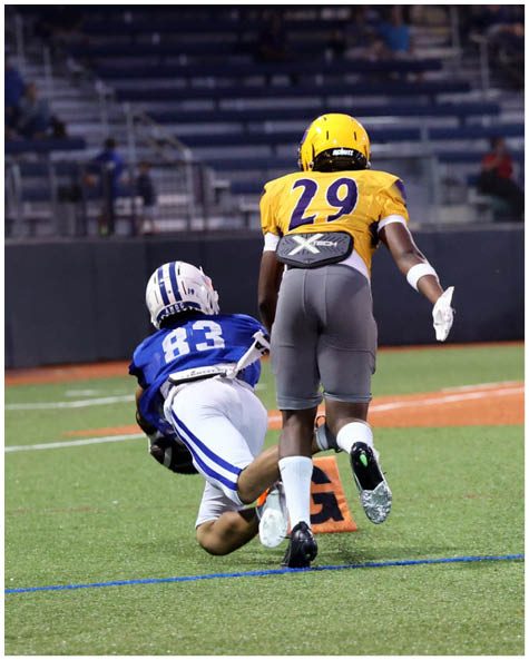 A football player catching a ball. Description generated by AI