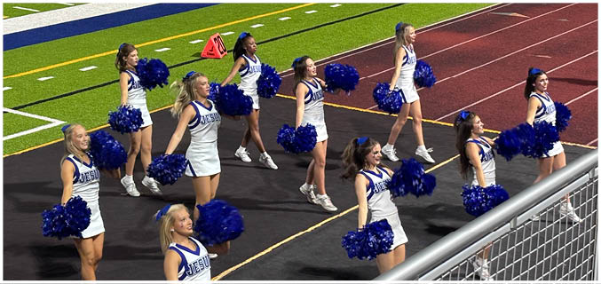 A football player wearing a blue and white uniform. Description generated by AI