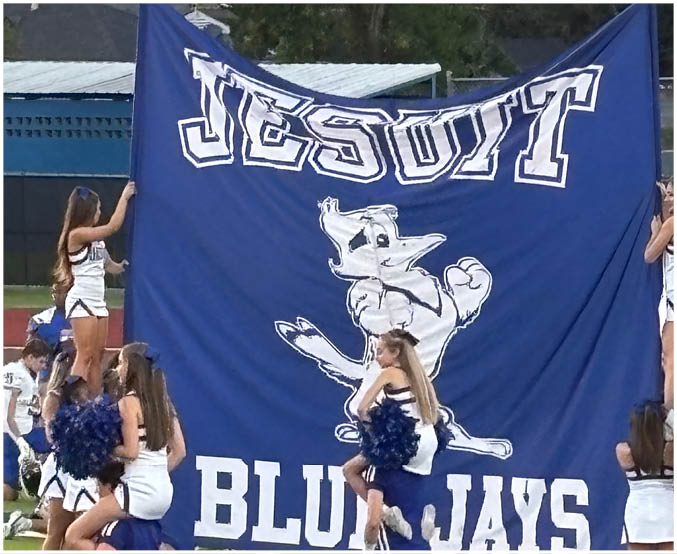A football player wearing a blue and white uniform. Description generated by AI