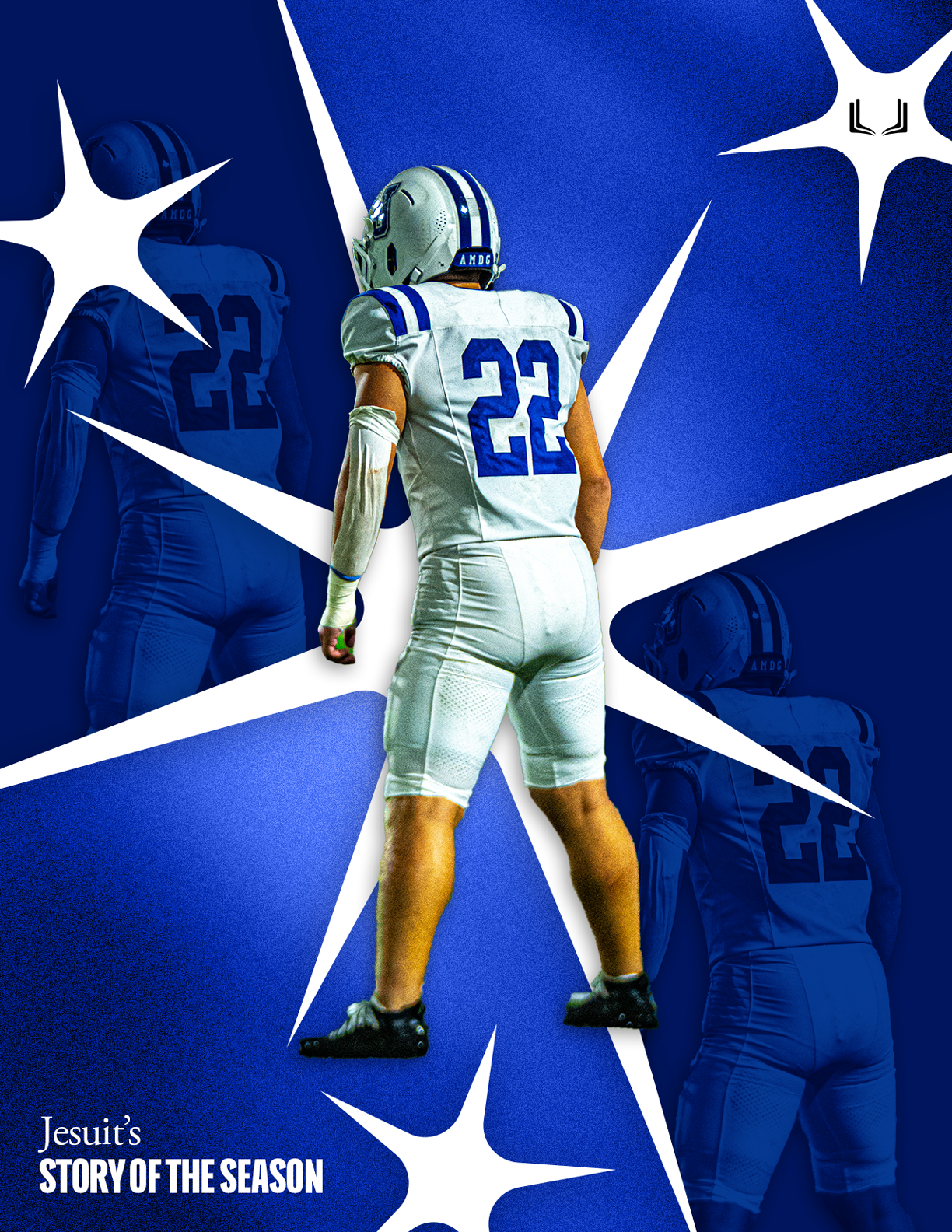A football player wearing a blue and red jersey with the number 15 on it. Description generated by AI