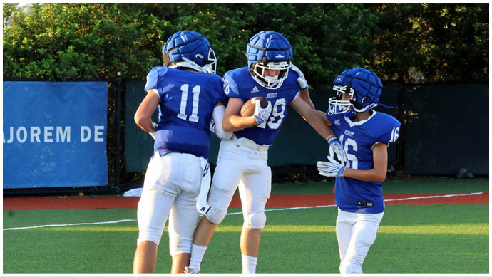A football player wearing a blue and white uniform. Description generated by AI
