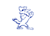 A blue and red logo of a cat with its mouth open. Description generated by AI