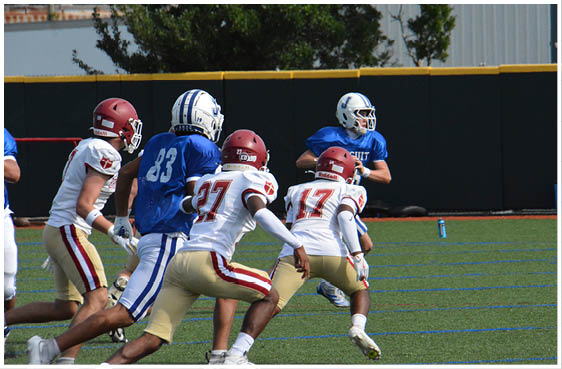 Three football players in blue and white uniforms running on a field. Description generated by AI