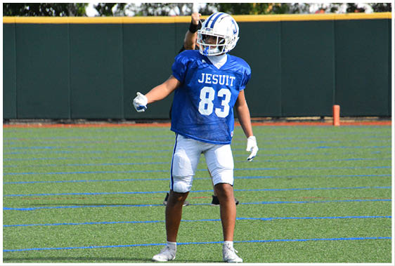A football player wearing a blue and white uniform. Description generated by AI