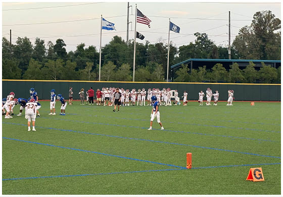 A football player wearing a blue and white uniform. Description generated by AI