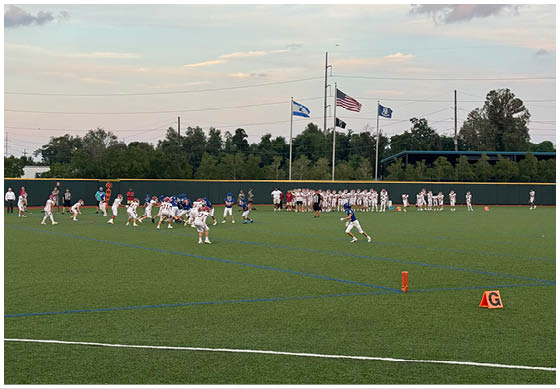 A football player wearing a blue and white uniform. Description generated by AI