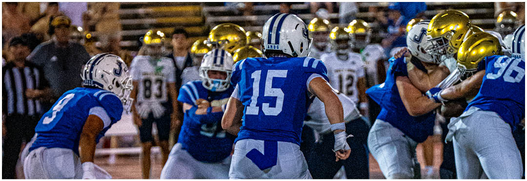 A football player wearing a blue and white uniform. Description generated by AI