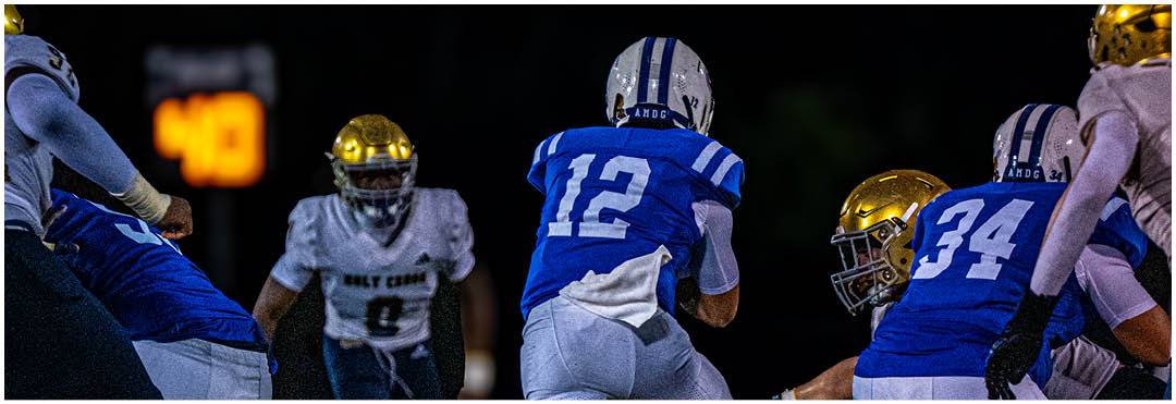 A football player wearing a blue and white uniform. Description generated by AI