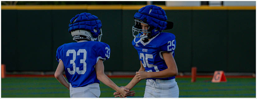 A football player wearing a blue and white uniform. Description generated by AI