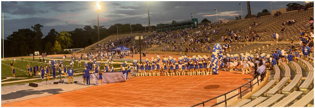A football player wearing a blue and white uniform. Description generated by AI