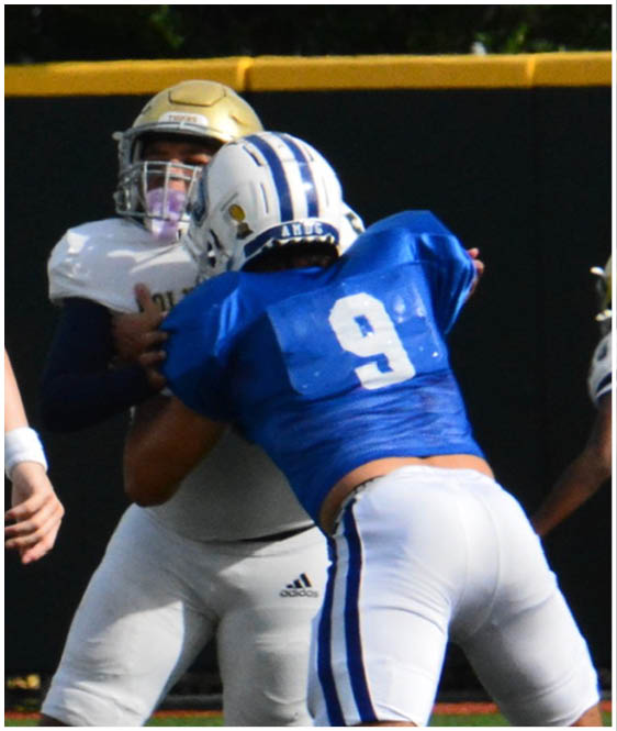 Three football players in blue and white uniforms running on a field. Description generated by AI