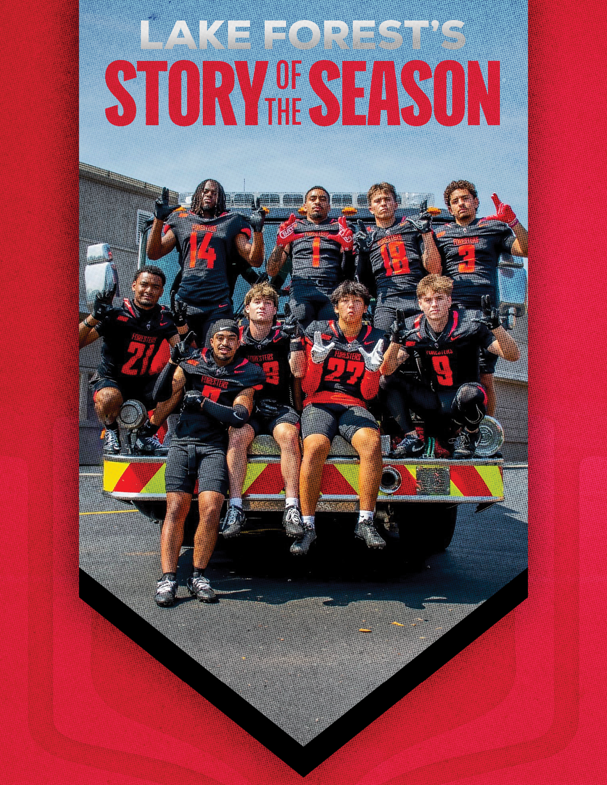 A group of football players on a truck. Description generated by AI