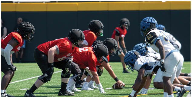 A group of football players in red and black uniforms are on the field. Description generated by AI