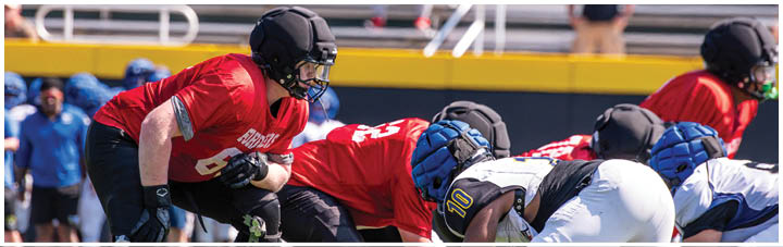 A football player in a red jersey is getting ready to throw the ball. Description generated by AI