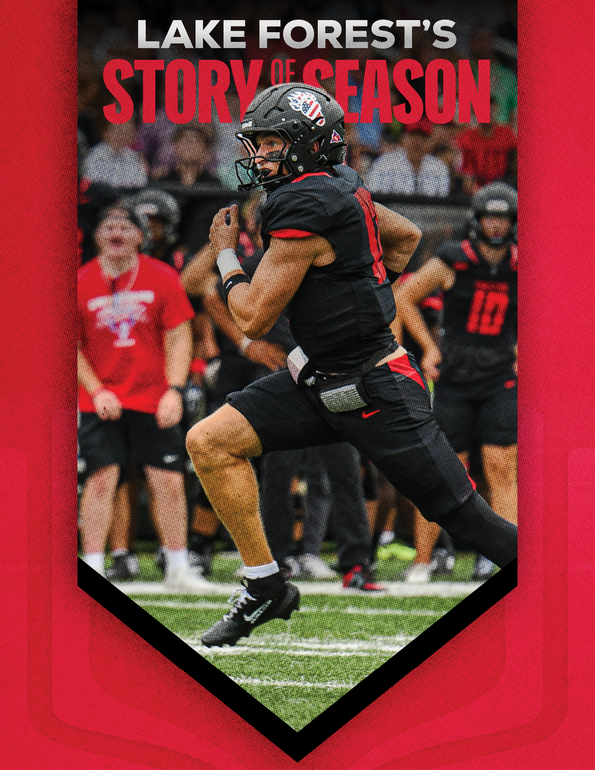 A football player running on the field. Description generated by AI