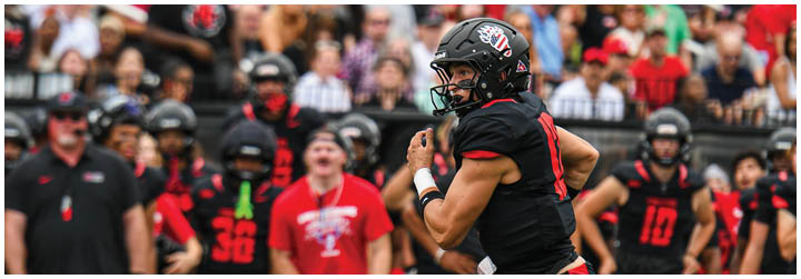 A football player running on the field. Description generated by AI
