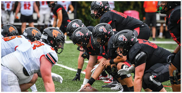 A group of football players in black and red uniforms are on the field. Description generated by AI
