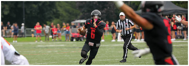 A football player running on the field. Description generated by AI