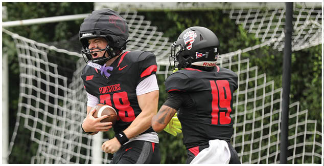Two football players running on a field. Description generated by AI
