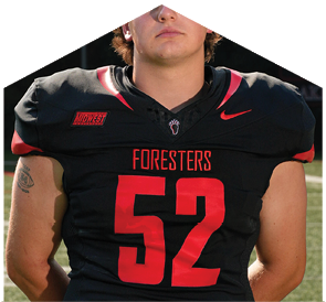 A football player wearing a black jersey with the number 52. Description generated by AI