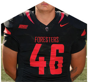 A football player wearing a black jersey with the number 49 on the back. Description generated by AI