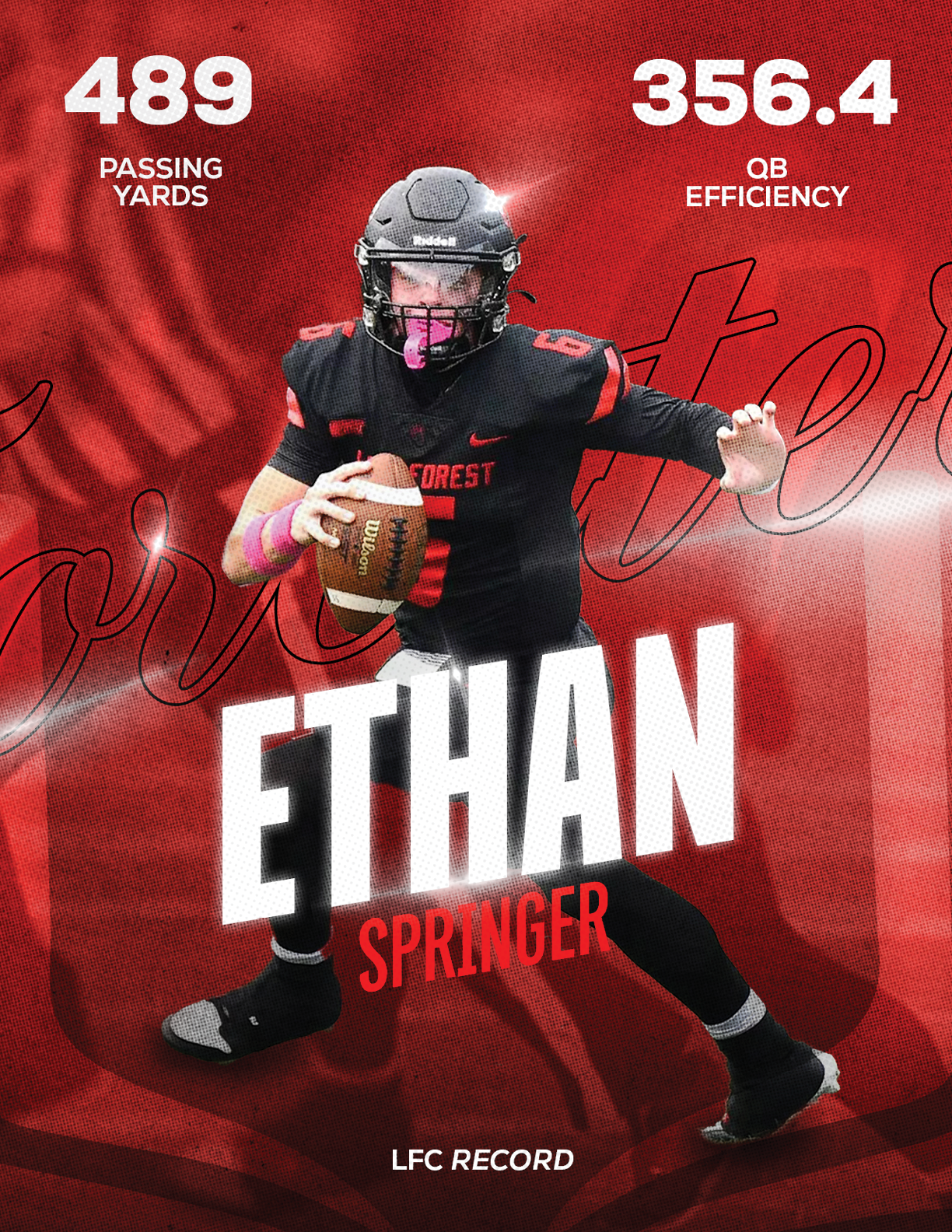 A football player named Ethan is shown on a red and black poster. Description generated by AI