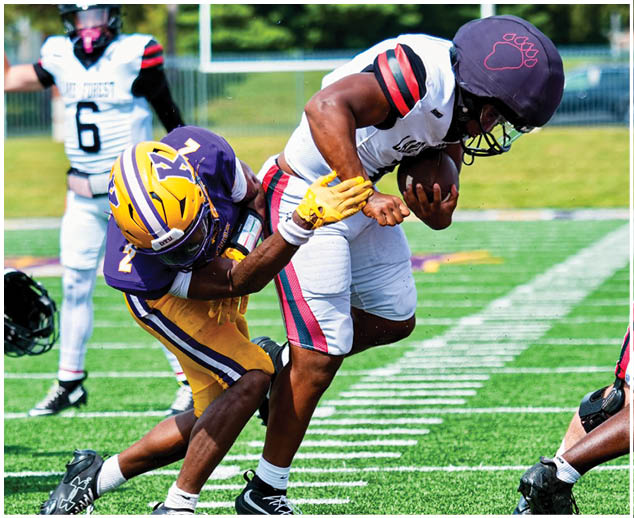 A football player in a purple and yellow jersey is tackled by another player. Description generated by AI